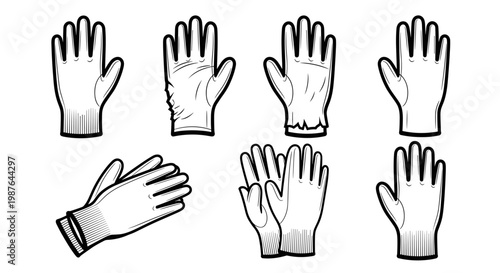 A set of seven black and white hand illustrations in various positions and orientations