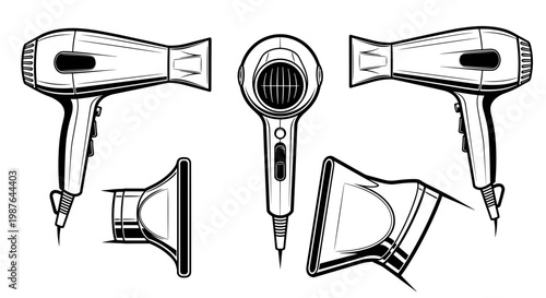 A set of vector illustrations of hair dryers in various views and angles