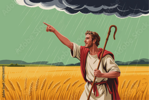 Biblical shepherd pointing at storm clouds over golden wheat field in rain, dramatic faith harvest illustration landscape scene