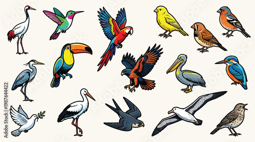 A vibrant collection of diverse bird species, showcasing their unique colors and forms in a detailed illustration.