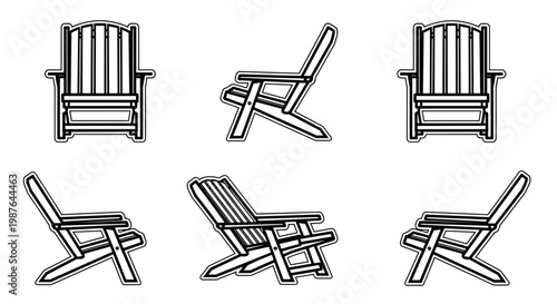 A set of six different black and white line art illustrations of Adirondack chairs in various positions