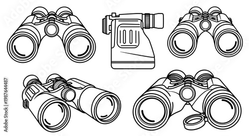 A set of binoculars and a monocular in a minimalist line art style