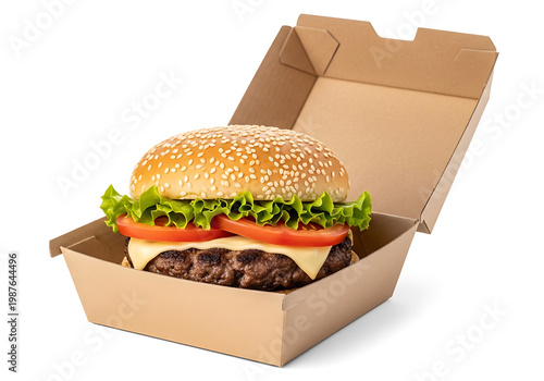 Wallpaper Mural Fresh cheeseburger in an open cardboard takeout container on white background with fast food Torontodigital.ca