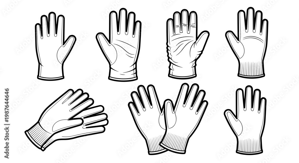 Fototapeta premium A set of seven pairs of hands in different positions in a minimalist line art style