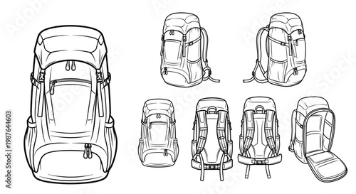 A minimalist line art illustration of a backpack in various views and angles