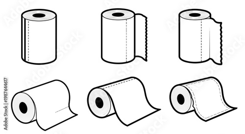 A set of six minimalist toilet paper roll illustrations in various orientations