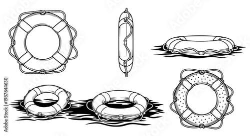 A set of lifebuoy illustrations in various designs and styles for safety and rescue concepts