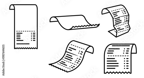 A set of six minimalist receipt icons in various curved and straight positions