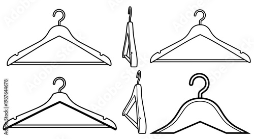 A set of minimalist black and white coat hangers in various designs and orientations