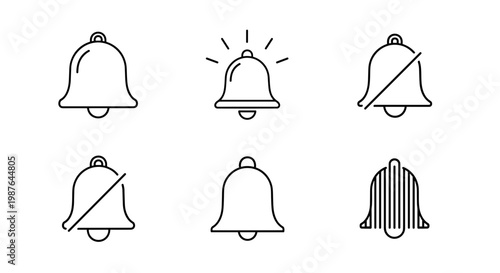 A set of six minimalist bell icons in various states of notification