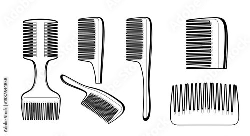A set of various hair combs and brushes in a simple line art style