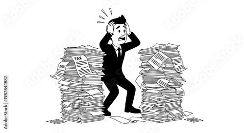 Stressed businessman overwhelmed by huge stacks of tax papers