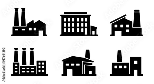 Industrial factory buildings vector icons set for manufacturing and construction design needs