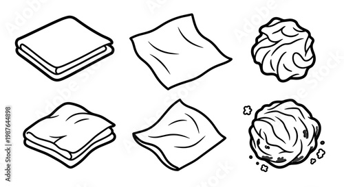 A minimalist vector illustration of various crumpled paper napkins and towels in different states