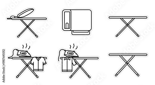 A set of vector illustrations depicting various ironing board designs and uses