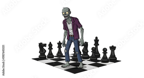 Zombie Standing on a Chessboard with Black Pieces Illustration