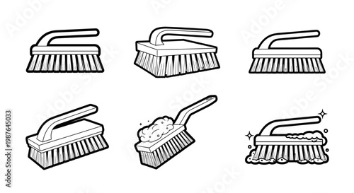A set of six black and white line art cleaning brushes with various bristle styles and handle designs