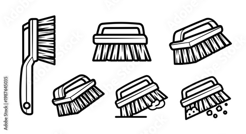 A set of six brooms and a brush in a minimalist line art style