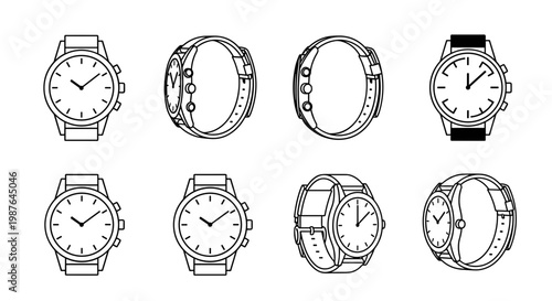 A set of minimalist watch illustrations in various styles and angles