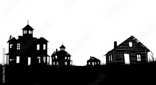 Silhouette of Abandoned Ghost Town Houses and Cabins