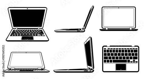 A set of six minimalist laptop computer icons in various positions and states