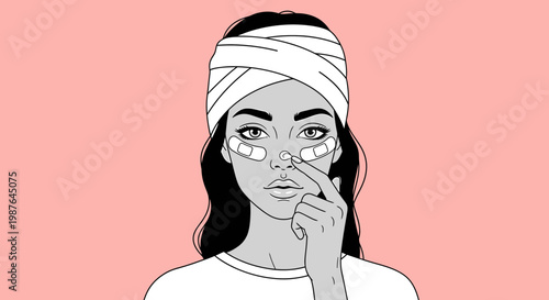Woman with head and face bandages after surgery vector art