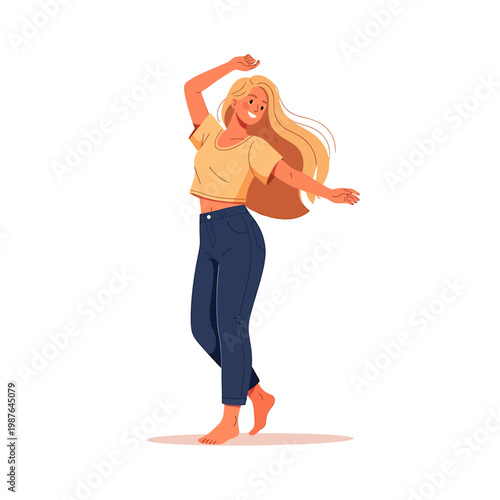 Happy young blonde woman dancing and rejoicing vector illustration