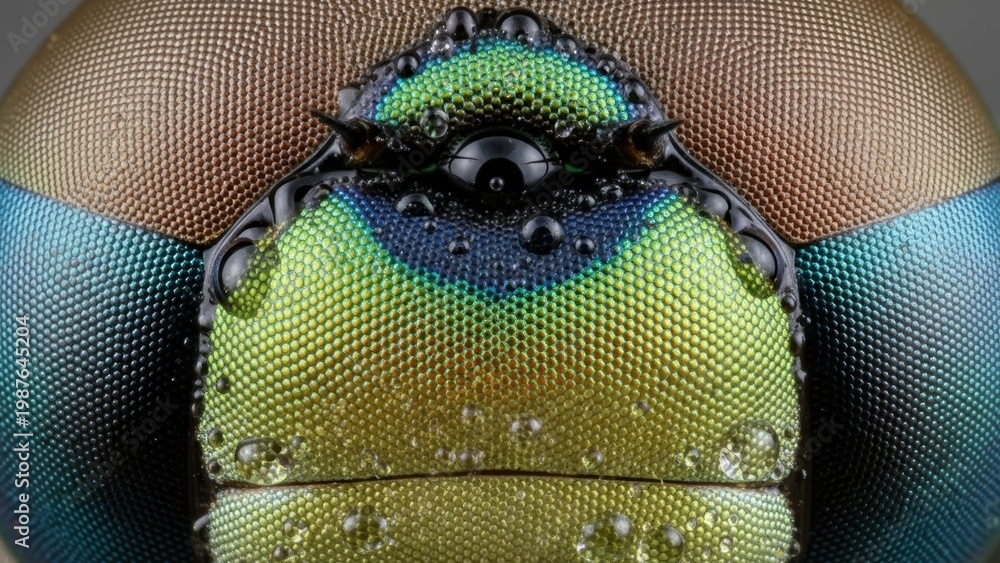 © Audax - Extreme macro shot of a dragonfly's head showing its large compound eyes with water droplets.