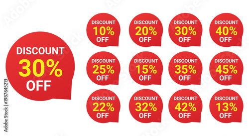 Discount Percentage Off Speech Bubble Tags Collection. Red and Yellow Sale Labels Set