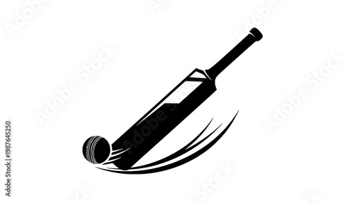 Cricket Bat and Ball Motion Trail Black Silhouette Vector Illustration on White Background
