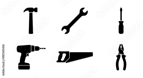 Illustration of hand tools for construction and repair including hammer wrench screwdriver drill saw and pliers