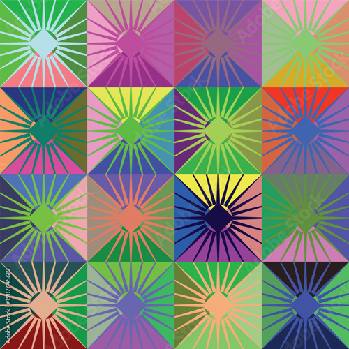 Vibrant geometric abstract art with a radiant sunburst pattern in a grid of colorful squares, creating a dazzling and energetic visual display