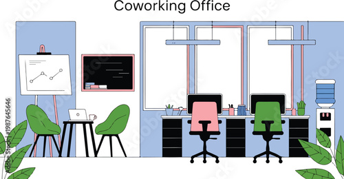 Flat minimalist coworking office illustration with desks chairs laptop flip chart graph and modern workspace interior design composition
