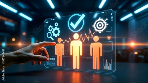 Business man touching virtual screen for human resource management, quality people selection, and digital recruitment process with glowing data.
