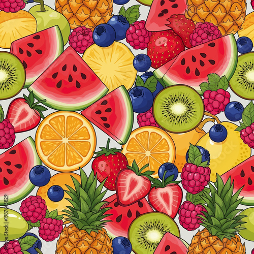 Colorful Summer Fruit Salad Pattern with Watermelon Pineapple and Berries.