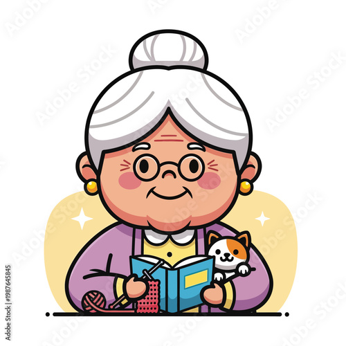 Cute cartoon grandmother knitting with her small pet cat and reading a book.