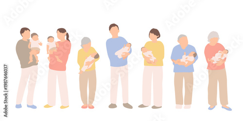 赤ちゃんを抱く人物セット／家族・育児・親子・シニア・子育て支援