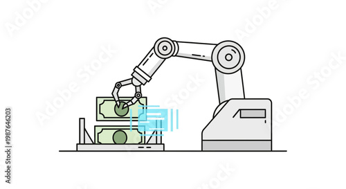 Robotic Arm Managing Money and Fintech Automation Illustration