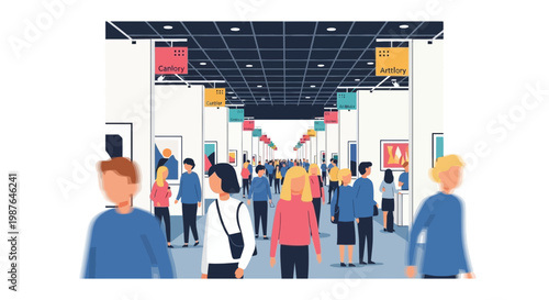 People Visiting Modern Art Gallery and Trade Show Illustration