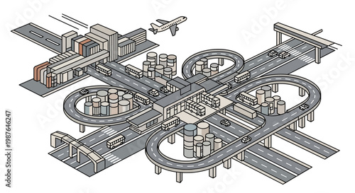 Isometric Vector Illustration of a Modern Transportation Hub and Industrial Infrastructure with Highways, Buses, and Airplanes for Logistics and Smart City Concepts