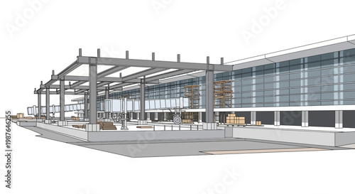 Modern Airport Terminal Construction and Infrastructure Design 3D Architectural Sketch