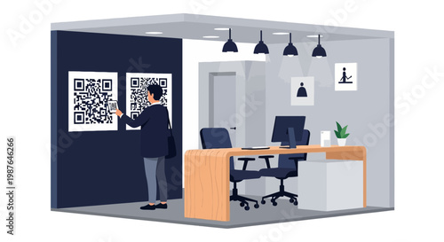 Man Scanning QR Code at Modern Office Reception Illustration
