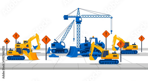 Construction Site with Heavy Equipment, Tower Crane, Excavators, and Bulldozers Flat Vector Illustration