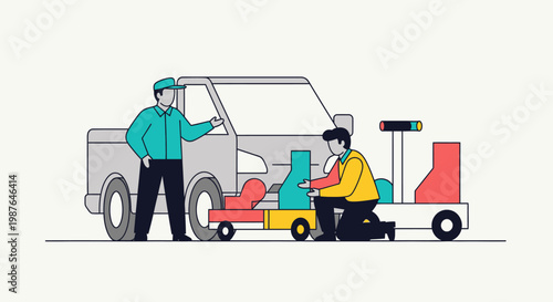 Modern Logistics and Supply Chain Concept Illustration Featuring Workers Loading Goods into a Delivery Truck with an Automated Trolley