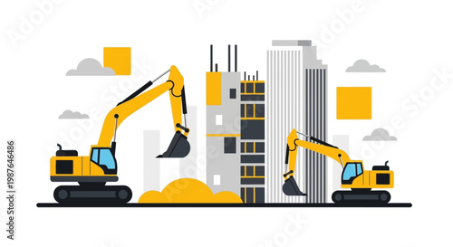 Construction Site Illustration with Yellow Excavators, Modern Urban Development, and City Building Project Flat Vector Graphic