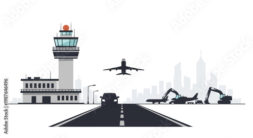 Flat Vector Illustration of a Modern Airport Terminal with Control Tower, Airplane Taking Off, and Ground Operations against a City Skyline