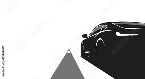 Minimalist Sports Car Silhouette Driving on Open Road Toward Horizon, Modern Automotive Concept Illustration