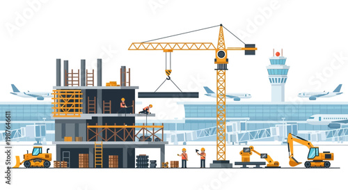 Airport Terminal Construction Site Illustration with Tower Crane, Builders, and Heavy Machinery in Flat Vector Style. Modern Infrastructure Expansion Concept.