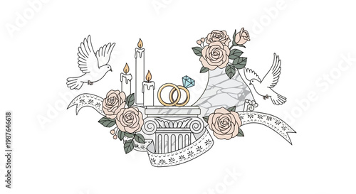 Elegant Wedding Illustration with Rings Doves and Roses