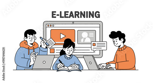 Online Education Concept Illustration with Students and Laptops